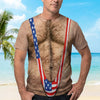 3D Hairy Body Swimsuit HG T-Shirt for Men, Funny Patriotic Mankini Tee,  USA Flag Costume Shirt, 4th of July Gag Gift for Men
