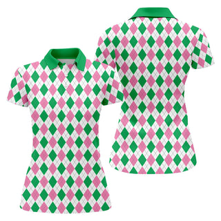 Green Pink Argyle Sleeveless Womens Golf Shirts  Ladies Pink Golf Shirt  HG Womens Golf Polo Shirt HGs  Womens Golf Tops