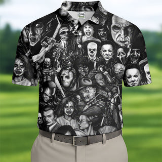 Classic Horror Characters Black And White Golf Polo  Dark Vibe Polo Shirt HGs For Men  Halloween Golf Shirt