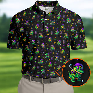 Funny Crocodile Mardi Gras Golf Shirts  Black Polo Shirt HG Golf Gift For Men  Golf Shirts For Men