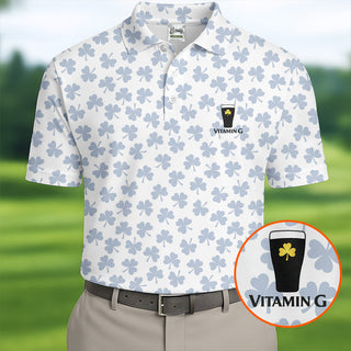 Vitamin G Shamrock Pattern Golf And Beer White Golf Shirt  HG St Patrick's Day Golf Shirt  HG Polo Shirt HGs For Men