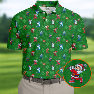 Funny Christmas Characters Golf Pose Green Golf Shirt HG   Christmas Golf Shirt HG   Polo Shirts For Men