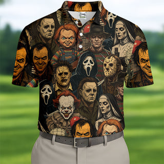 Horror Halloween Character Halloween Men's Polo Shirt HGs  Horror Movie Shirt  Mens Golf Shirts  Halloween Golf Shirt