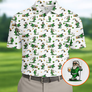 St Patrick's Day Leprechaun Character Golf And Beer White Polo Shirt HG Fun Golf Shirts For Men  Polo For Men