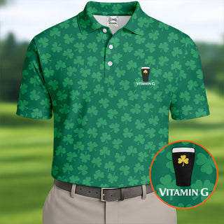 Vitamin G Shamrock Pattern Golf And Beer Green Golf Shirt  HG St Patrick's Day Golf Shirt  HG Polo Shirt HGs For Men