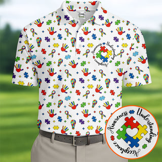 Awareness Understanding Acceptance Autism White Golf Shirt  HG Autism Awareness Colors Golf Shirts For Men