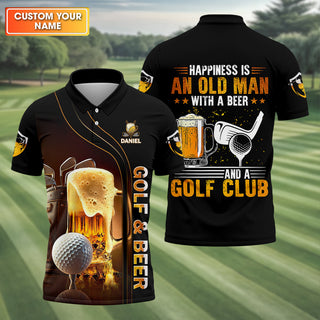 Happiness Is An Old Man With A Beer And A Golf Club Custom Funny Golf Polo Shirt HG  Dad Golf Gifts
