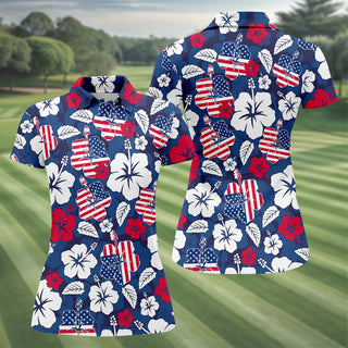 Tropical Hibiscus American Flag Womens Golf Polo Shirt HG  4th Of July Shirts  US 250 Anniversary Ladies Golf Shirt