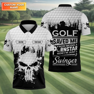 Golf Saved Me From Being A Porn Star Now I'm Just A Swinger Custom White Skull Golf Polo Shirt HG  Dad Golf Gift