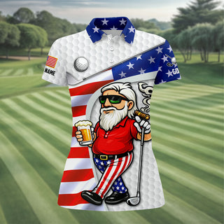 Golf And Beer Patriotic Man Golf Ball Pattern 4th Of July White Golf Shirt HG   250th Anniversary Women's Golf Tops