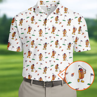 Cartoon Hot Dogs American Flag Pattern 250th Anniversary White Golf Shirt HG   Golf Shirt HG s For Men  Polo Shirts For Men