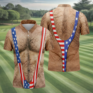 Hairy Body Funny Print Patriotic Golf Shirt  HG 250th Anniversary 4th Of July Golf Shirts For Men