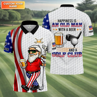 Happiness Is An Old Man With A Beer Funny 4th Of July White Golf Shirt  HG 250th Anniversary Golf Shirts For Men