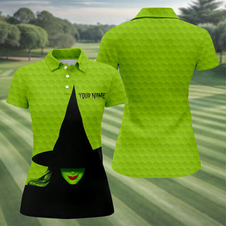 The Green Witch Golf Ball Pattern Fun Women's Golf Shirts HG  Spooky Vibe Ladies Golf Polos  Halloween Golf Shirt