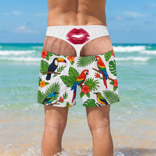 Funny Men’s Swim Trunks, Parrots KISS Fake Underwear Beach Shorts, Wide Load Birthday Gag Gift For Him, Summer Gag Gift For Men, Summer Vacation hg