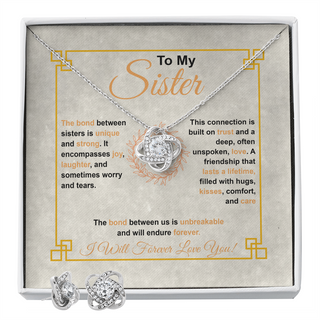Sister Gift - White Gold Dipped Love Knot Necklace for Sis with Message Card Jewelry Necklace Earing set Gift For Her Bithday gift