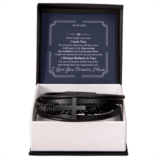 Personalized Son Cross Leather Bracelet Men's Cross Braided Vegan Leather Bracelet with Message Card