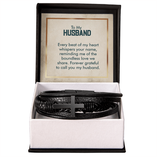 Mens Cross Leather Bracelet Gift For Husband On Birthday, Anniversary, Christmas present Keepsakes Message Card Jewelry For Him