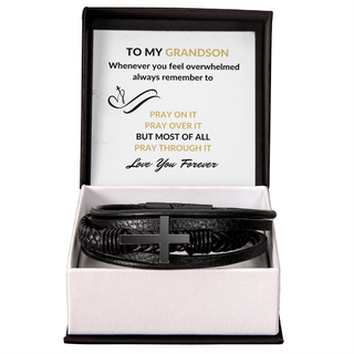 To My Grandson Pray On It Pray Over It Pray Through It Leather Cross Bracelet With Message Card Christmas Birthday Wedding Graduation