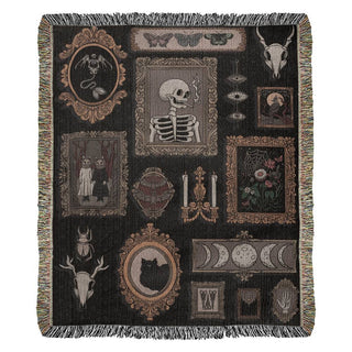 Witchy Collage Heirloom Woven Throw Blanket, Tapestry, Skeleton Halloween Blanket, Vintage