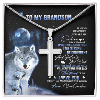 To My Grandson Wolf Necklace From Grandma Papa Always Remember Grandson Birthday Graduation Christmas Customized Gift Box Message Card