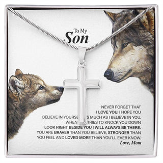 Gift for Son, Son Cross Necklace, Necklace for Boy, Gift Set for Son, To My Son Necklace, Gift for Son from Mom, Wolf Son