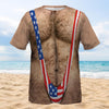 3D Hairy Body Swimsuit HG T-Shirt for Men, Funny Patriotic Mankini Tee,  USA Flag Costume Shirt, 4th of July Gag Gift for Men