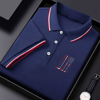 Golf Clubs America Flag Logo 250th Anniversary Navy Golf Shirt  HG Patriotic Golf Shirt  HG Golf Shirts For Men