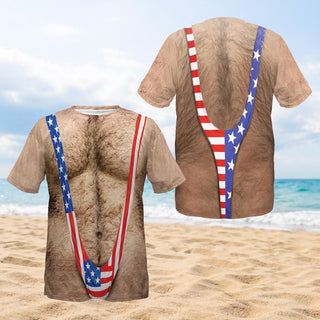 3D Hairy Body Swimsuit HG T-Shirt for Men, Funny Patriotic Mankini Tee,  USA Flag Costume Shirt, 4th of July Gag Gift for Men