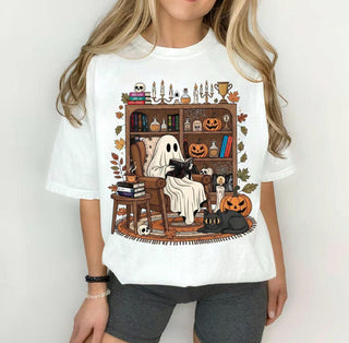 Cozy Ghost Reading T-Shirt: Halloween Library Bookshelf Tee DIEU