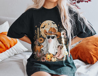 Funny Ghost Halloween Shirt, Western Halloween Tee, Cowboy Floral Pumpkin TShirt, Cute Spooky Cowgirl Fall Gifts for Her DIEU