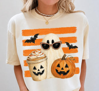 Cute Halloween Ghost Coffee Shirt, Pumpkin Spice Latte Tee, Preppy Ghost Pumpkin Shirt, Fall Graphic Tee, Spooky Season Shirt DIEU