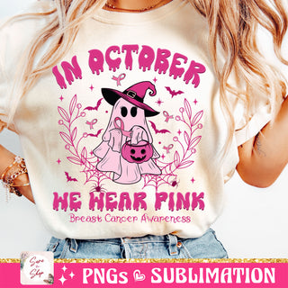 In October We Wear Pink  Retro Breast Cancer Breast Cancer Awareness Halloween Pink Ghost Halloween Shirt HG