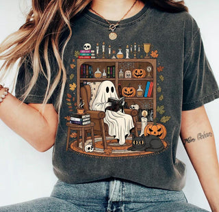 Cozy Ghost Reading T-Shirt: Halloween Library Bookshelf Tee NNA