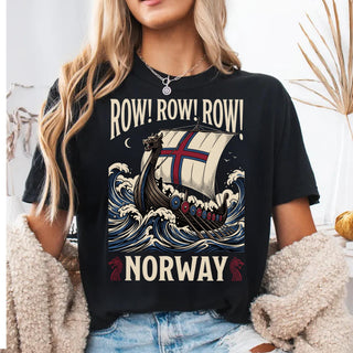 Viking Longship HFN T-Shirt with Dragon Head and Waves - Row Norway Graphic Tee for Norse History & Lore Lovers