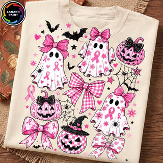 Pink Ghost Breast Cancer Halloween Awareness Shirt HG Design  Coquette Bow Retro Graphic  Breast Cancer