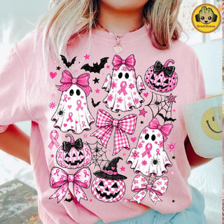 Pink Ghost Breast Cancer Retro Halloween Awareness Design  Coquette Bow Shirt HG Graphic  Breast Cancer