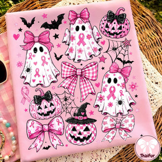 Breast Cancer Ghost Coquette Bow Pink Ghost Design  Retro Breast Cancer Awareness Halloween Shirt HG