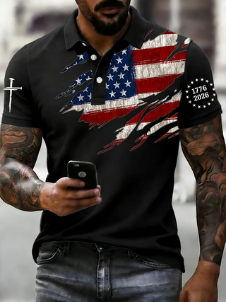 250th Anniversary Faith Cross Distressed USA Flag 4th Of July Golf Shirt HG   Patriotic Golf Shirt HG   Polo For Men