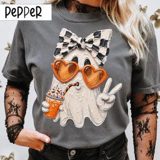 Cute Ghost Halloween L3N Drinking Pumpkin Coffee Comfort Colors Shirt, Coquette Bow Ghost Shirt, Spooky Season Fall Gift, Halloween Sweatshirt