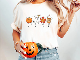 Cute Autumn Halloween L3N T-Shirt, Fall Pumpkin Ghost Maple Leaf Pumpkin Spice Latte Comfort Colors Tee, Spooky Season Graphic Shirt for Women