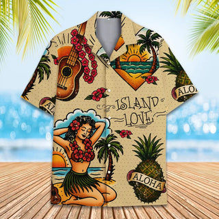 Island Love Hawaiian L3N Shirt Men Women Youth, Vintage Aloha Short Sleeve Button-Down with Tropical Guitar & Hula Girl, Summer Beach Shirt