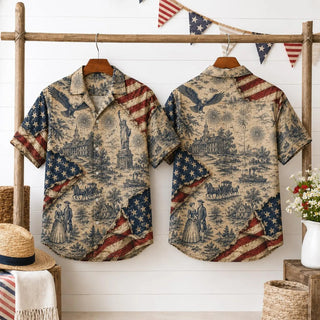 Vintage Patriotic Hawaiian Shirt, USA Flag Aloha Shirt, American History Button Up, Colonial America Shirt, July 4th Gift L3N