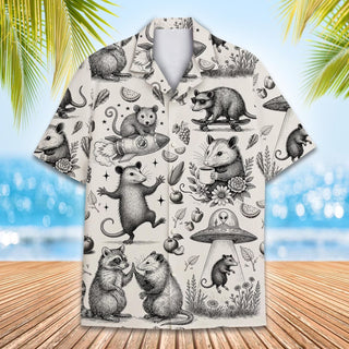 Funny Opossum L3N Hawaiian Shirt Men Women Youth, Vintage UFO Coffee Possum Shirt, Weird Animal Aloha Button Down Short Sleeve