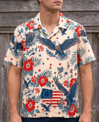America 250 Patriotic L3N Hawaiian Shirt, Vintage 1776 4th of July Button Down, Bald Eagle Spirit of 76 Mens Summer BBQ Aloha