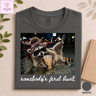 Comfort Colors® L3N Somebody’s Feral Aunt Shirt Funny Raccoon Tee Cool Auntie Club Gift, Promoted to Aunt Pregnancy Reveal Meme Shirt