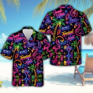 Neon Tropical Flamingo L3N Hawaiian Shirt, Retro Night Aloha Button Up, Palm Tree Cocktail Beach Party Shirt, Summer Vacation Outfit Gift