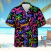Neon Tropical Flamingo L3N Hawaiian Shirt, Retro Night Aloha Button Up, Palm Tree Cocktail Beach Party Shirt, Summer Vacation Outfit Gift