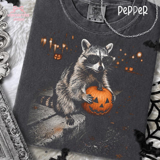 Halloween Raccoon Holding Pumpkin L3N Comfort Colors Shirt, Spooky Trash Panda Tee, Cute Fall Animal Halloween Sweatshirt