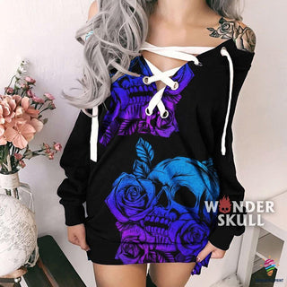 Skull Gift Purple Skull Sexy Lace Up Deep V-neck Off Shoulder Long Sleeve Dress LN